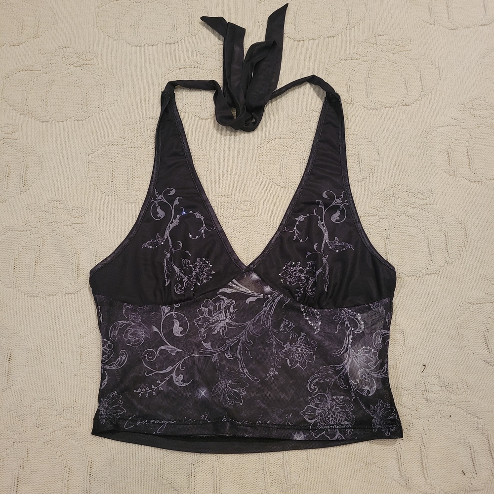 Y2K black floral halter top